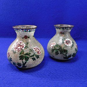 Antique Pair of Small Plique-a-Jour Vases